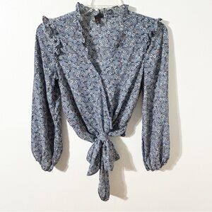 Unbranded Floral Blue Wrap Blouse with Tie Waist and Ruffles Shoulder Neckline